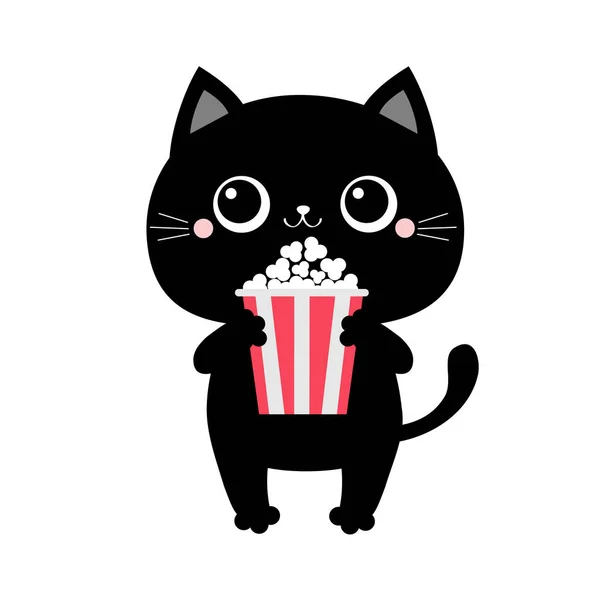 Schwarze Katze mit Popcorn essen. Kino. niedlichen Karikatur kawaii lustige Baby-Figur. Filmvorführung. Kätzchen gucken Film. flache Bauweise. weißer Hintergrund. isoliert. — Stockvektor