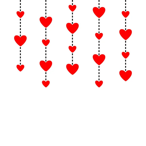 Des coeurs rouges suspendus. Ligne de tiret. Joyeuse Saint-Valentin. Carte de vœux d'amour. Fond blanc. Isolé. Conception plate . — Image vectorielle