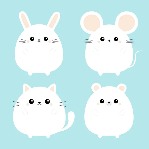 Urso branco, rato, gatinho gato, conjunto de ícones de lebre de coelho. Animal Kawaii. Personagem de desenho animado bonito. Bebé engraçado. Cartão de amor. Design plano. Fundo azul . —  Vetores de Stock