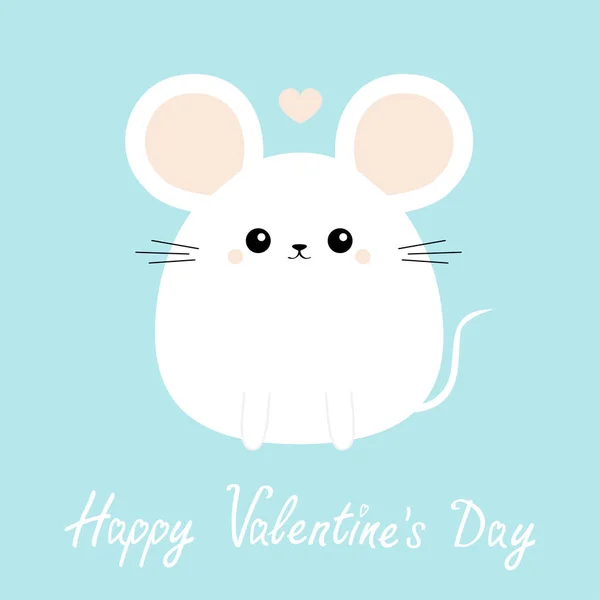 Joyeuse Saint-Valentin. Icône souris blanche. Drôle de tête. Mignon personnage rond de dessin animé kawaii. Coeur rose. Modèle de carte de vœux bébé. Fond bleu. Conception plate . — Image vectorielle