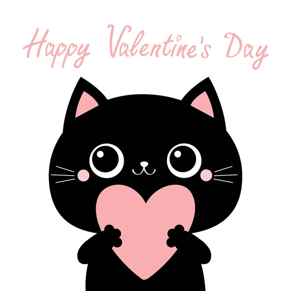 Happy Valentines Day. Black cat kitten kitty head face holding big pink heart. Cute cartoon kawaii funny animal character. Flat design. Love card. White background. Isolated. — Stock Vector