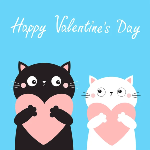 Happy Valentines Day. Cat love couple boy girl kitten head face holding big pink heart. Cute cartoon kawaii funny kitty animal character. Flat design. Blue background. Isolated. — Stock Vector