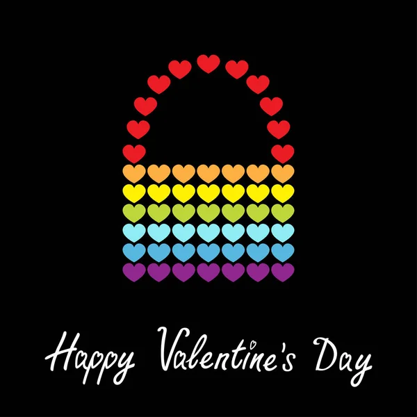Happy Valentines Day. Rainbow flag bag icon. Heart shape. LGBT gay symbol. Pride sign. Colorful line set. Flat design. Love is love. Isolated. Black background. — Stock Vector
