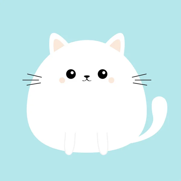Weiße Katzenkätzchen-Ikone. Lustiges Gesicht. niedlichen Kawaii Cartoon runde Figur. Vorlage für eine Baby-Grußkarte. frohe Ostern Zeichen Symbol. blauer Hintergrund. flache Bauweise. — Stockvektor