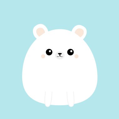 Beyaz ayı ikonu. Komik surat. Şirin bir kawaii çizgi film karakteri. Bebek tebrik kartı şablonu. Mutlu Paskalya işaretleri. Mavi arka plan. Düz tasarım.