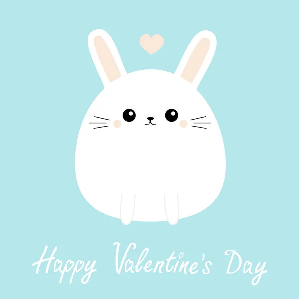 Happy Valentines Day. White bunny rabbit icon. Funny head face. Cute kawaii cartoon round character. Pink heart. Baby greeting card template. Blue background. Flat design. — Stock Vector