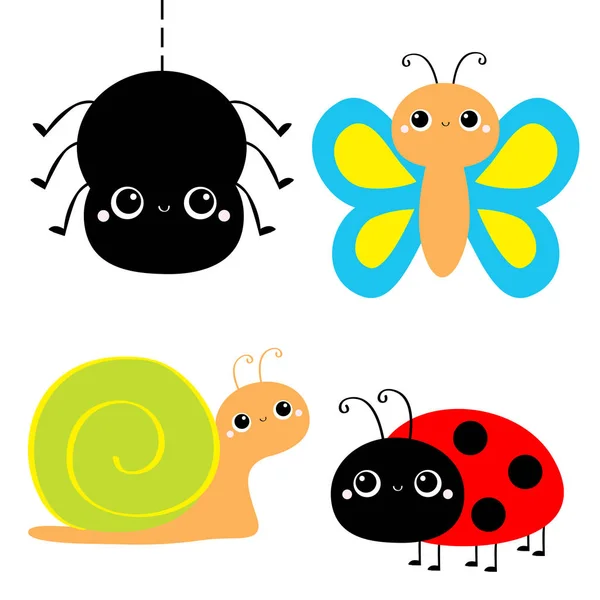 Zestaw owadów. Biedronka, motyl, pająk, robaczek, ślimak. Cute kreskówki kawaii dziecko charakter zwierzęcia. Płaska konstrukcja. Białe tło. Izolacja. — Wektor stockowy