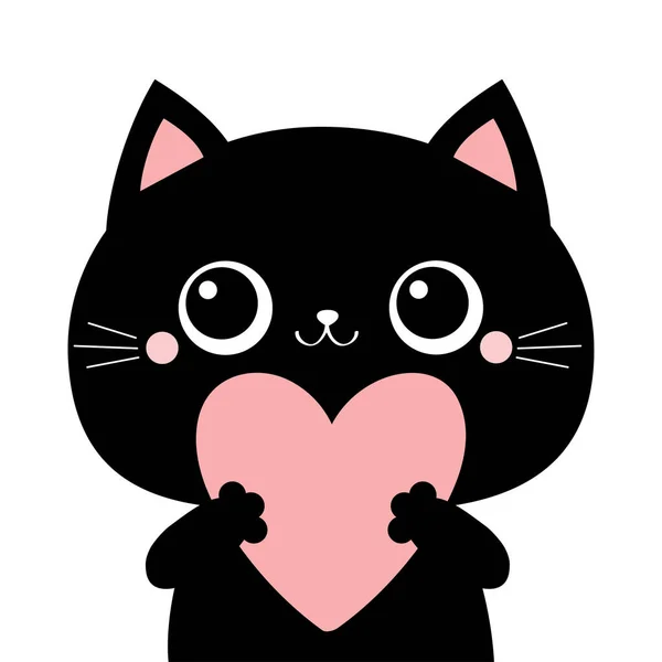 Black cat kitten kitty head face holding big pink heart. Happy Valentines Day. Cute cartoon kawaii funny animal character. Flat design. Love card. White background. Isolated. — 스톡 벡터