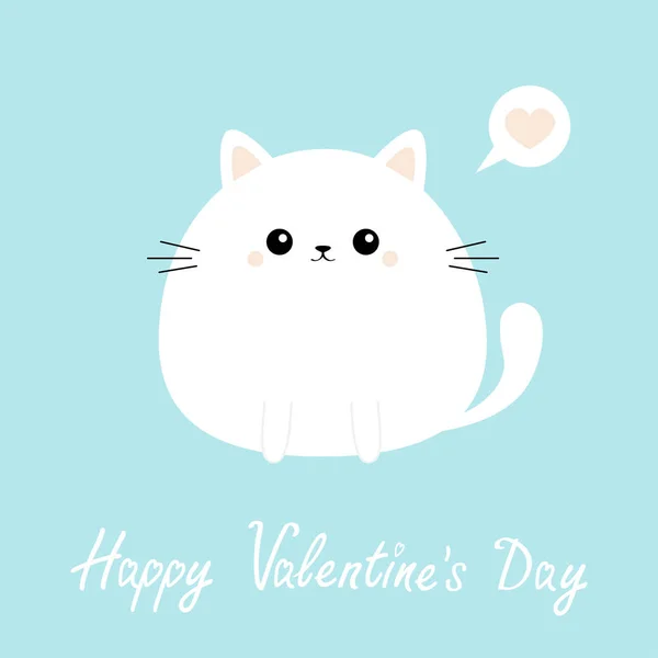 White cat kitten kitty icon. Happy Valentines Day. Funny head face. Cute kawaii cartoon round character. Pink heart. Baby greeting card template. Blue background. Flat design. — Stock Vector