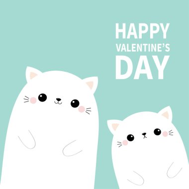 Happy Valentines Day. Two white cat head face silhouette family set. Pink blush cheeks. Cute cartoon funny pet baby character. Funny kawaii smiling animal. Flat design Blue background.