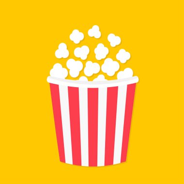 Popcorn. Cinema movie night icon. Big size white red strip box. Pop corn food. Flat design style. Yellow background. Isolated.