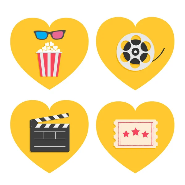 Pop maíz corazón icono conjunto. Gafas 3D. Carrete de película. Tablero de aplausos abierto. Paquete de palomitas. Ticket Admite uno. Tres estrellas. Me encanta el cine. Estilo de diseño plano. Fondo amarillo . — Archivo Imágenes Vectoriales