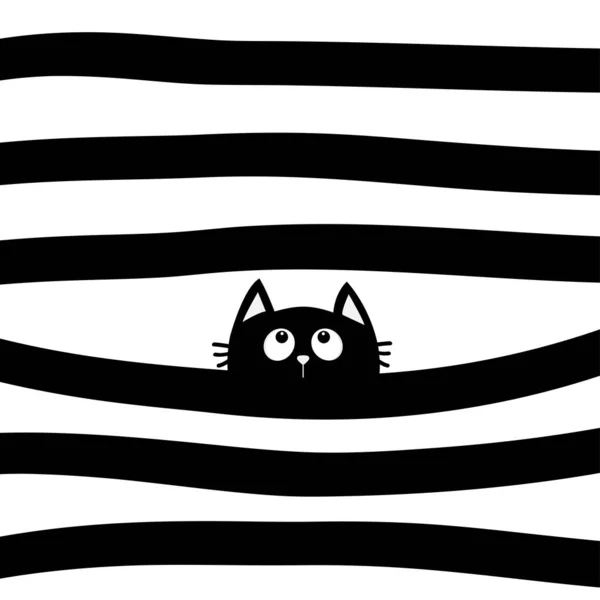 Černá kočičí kočičí hlava se dívá nahoru. Skandinávský vzor. Černobílé abstraktní geometrické pozadí. Ručně nakreslený pruhovaný tvar. Roztomilé kreslené kawaiské zvíře. Styl plochého návrhu. — Stockový vektor