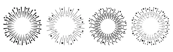 Linea di fuochi d'artificio festivi. Stella scintilla sunburst cornice rotonda. La linea nera risplende. Felice anno nuovo decorazione. Buon Natale. Ciao. Luce da cracker. E 'scoppiato un petardo. Design piatto. Fondo bianco . — Vettoriale Stock