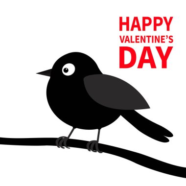 Sevgililer Günün kutlu olsun. Ağaç dalında siyah kuş silueti. Sevgililer Günün kutlu olsun. Tebrik kartı. Tatlı çizgi film kawaii komik bebek karakteri. Düz dizayn. Beyaz arkaplan.