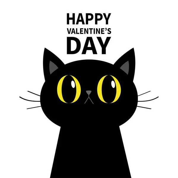 Happy Valentines Day. Black cat silhouette. Big yellow eyes. Moustaches. Cute cartoon character. Baby pet animal collection. Happy Halloween. Flat design. Orange background. — Stock Vector