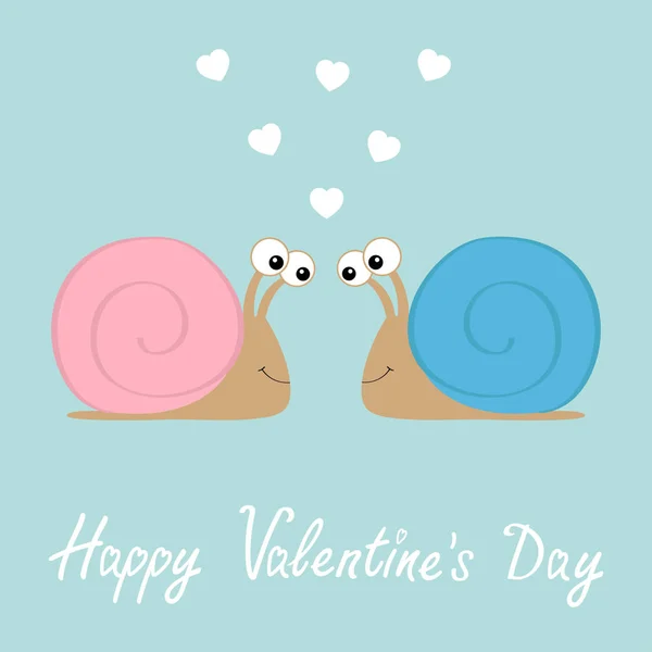 Happy Valentines Day. Snail icon. Pink and bue shell house. Heart set. Cute cartoon kawaii funny character. Insect isolated. Big eyes. Smiling face. Flat design. Baby clip art. Love background. — Stock Vector