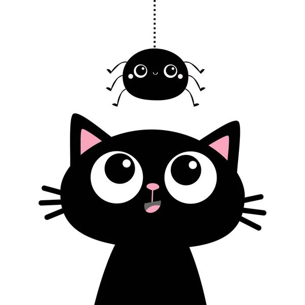 Czarny kot kotek twarz głowa sylwetka patrząc do wiszącego pająka. Śliczna postać z kreskówki. Kawajskie zwierzątko. Naklejka dla zwierząt. Płaska konstrukcja. Skandynawski styl. Białe tło. — Wektor stockowy