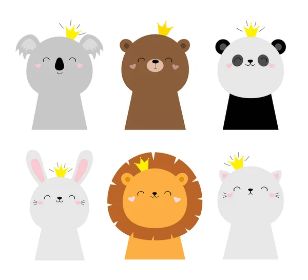 Króliczek królik zając lew koala niedźwiedź kot twarz głowa zestaw ikon. Dzieciaki drukują plakaty, koszulki. Cute kawaii kreskówki zabawny charakter dziecka. Skandynawski styl. Złota korona. Uwielbiam płaski design. Białe tło — Wektor stockowy