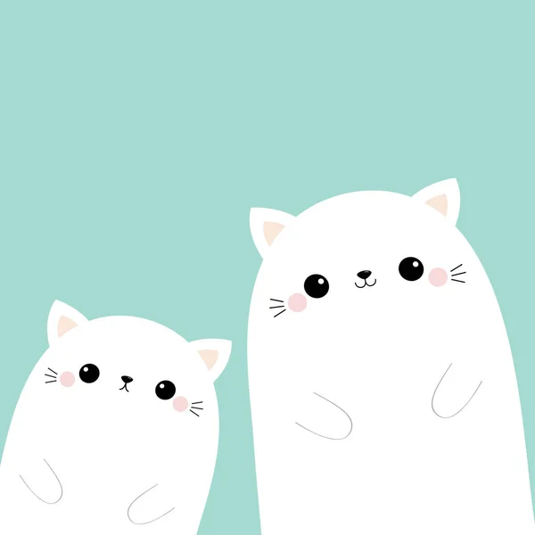 Two white cat head face silhouette family set. Cute cartoon funny pet baby character. Pink blush cheeks. Funny kawaii smiling animal. Flat design Blue background. — 스톡 벡터