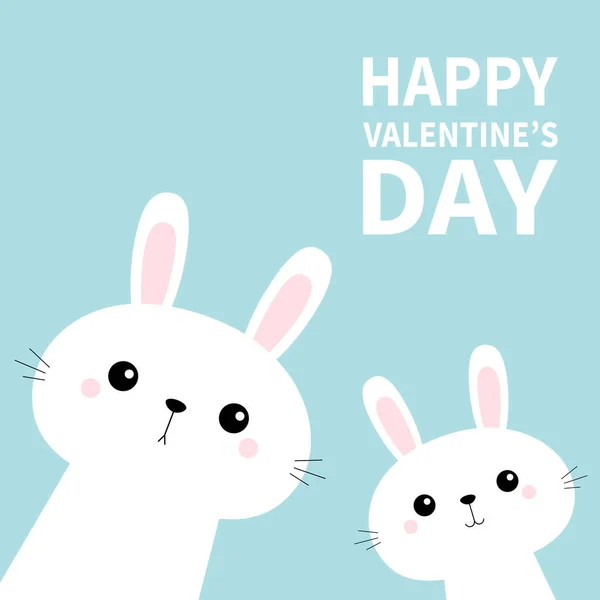 Happy Valentines Day. Two rabbit bunny set in the corner. Friends forever. Cute cartoon kawaii funny baby kids character. Happy Easter. Farm animal. Blue pastel background. Flat design — 스톡 벡터