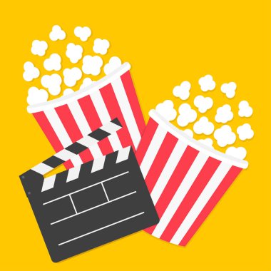 Popcorn. Big open clapper board. Two pop corn box set. Cinema red white lined box icon. Movie night. Fast food. Flat design style. Yellow background. Isolated.