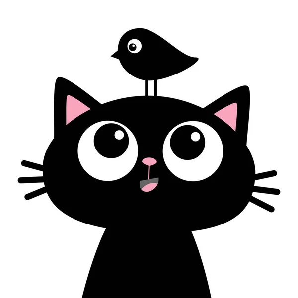 Gatinho preto cara de gato silhueta de cabeça olhando para pássaro engraçado. Personagem de desenho animado bonito. Um animal bebé Kawaii. Coleção de adesivos para animais. Design plano. Estilo escandinavo. Fundo branco . —  Vetores de Stock