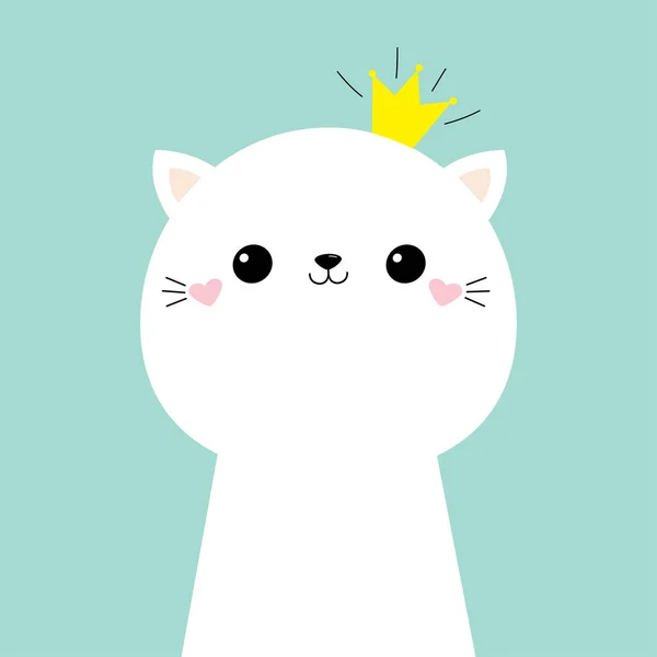 Cat kitten face head icon. Kids print for poster, t-shirt. Cute kawaii kitty animal. Golden crown. Cartoon funny baby character. Love. Scandinavian style. Flat design. Blue background. — Stock Vector