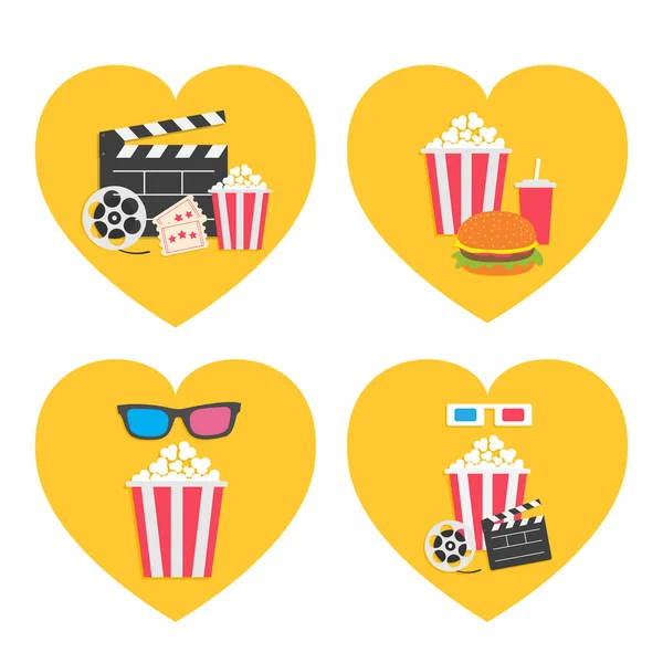 Pop corn icon heart set. Movie reel. 3D glasses. Open clapper board Popcorn box package Ticket Admit one. Three star. Hamburger soda drink. I love cinema. Flat design style. Yellow background. — Stock vektor