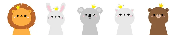 Koala beer kat konijn konijn haas leeuw gezicht hoofd pictogram set. Scandinavische stijl. Gouden kroon. Leuke kawaii cartoon grappige baby karakter. Kinderen printen voor poster, t-shirt. Liefde Platte ontwerp. Witte achtergrond — Stockvector