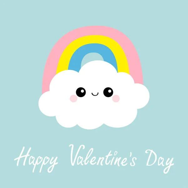 Happy Valentines Day. Cloud Rainbow. Funny face head. Cute cartoon kawaii smiling baby character. Scandinavian style. Kids decor. Nursery decoration. Love card. Blue background. Flat design. — 스톡 벡터