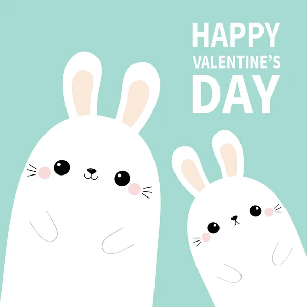 Happy Valentines Day. Two white bunny rabbit hare face silhouette family set. Pink blush cheeks. Cute cartoon funny pet baby character. Funny kawaii smiling animal. Flat design Blue background. — 스톡 벡터