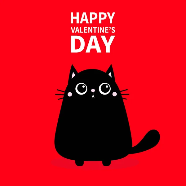 Happy Valentines Day. Cute black cat icon Kitty kitten sitting. Funny Kawaii animal. Kids print. Cute cartoon baby character Pet collection. Flat design. Red background. — 스톡 벡터