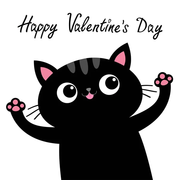 Happy Valentines Day. Black cat with pink tongue. Open hand paw print. Kitty reaching for a hug. Funny Kawaii animal. Cute cartoon baby character. Pet collection. Flat design White background. — Stock Vector