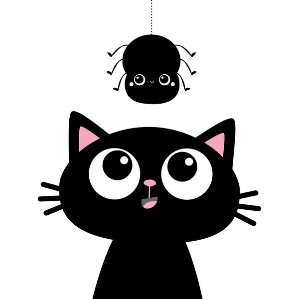 Black kitten cat face head silhouette looking up to hanging spider. Kawaii baby animal. Cute cartoon funny character. Pet sticker. Flat design. Scandinavian style. White background. — 스톡 벡터