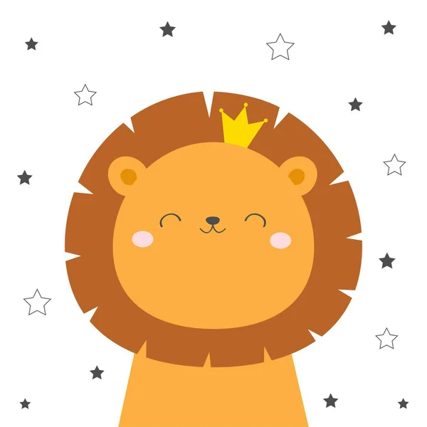 Leeuwenkop icoon. Schattig kawaii dier. Gouden kroon. Leuke cartoon grappige baby karakter. Kinderen printen voor poster, t-shirt. Liefde. Scandinavische stijl. Vlak ontwerp. Witte achtergrond. Sterrenschittering. — Stockvector