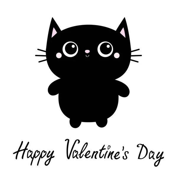 Happy Valentines Day. Black cat toy icon. Big eyes. Kitty kitten standing. Funny Kawaii animal. Kids print. Cute cartoon baby character Pet collection. Flat design White background — 스톡 벡터