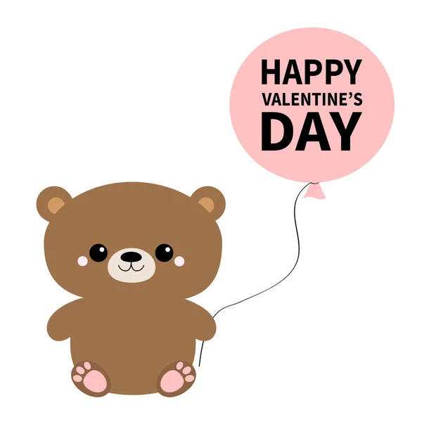 Happy Valentines Day. Grizzly brown bear toy holding balloon. Big eyes. Cute cartoon funny kawaii character. Forest baby animal collection. White background. Isolated. Flat design. — 스톡 벡터