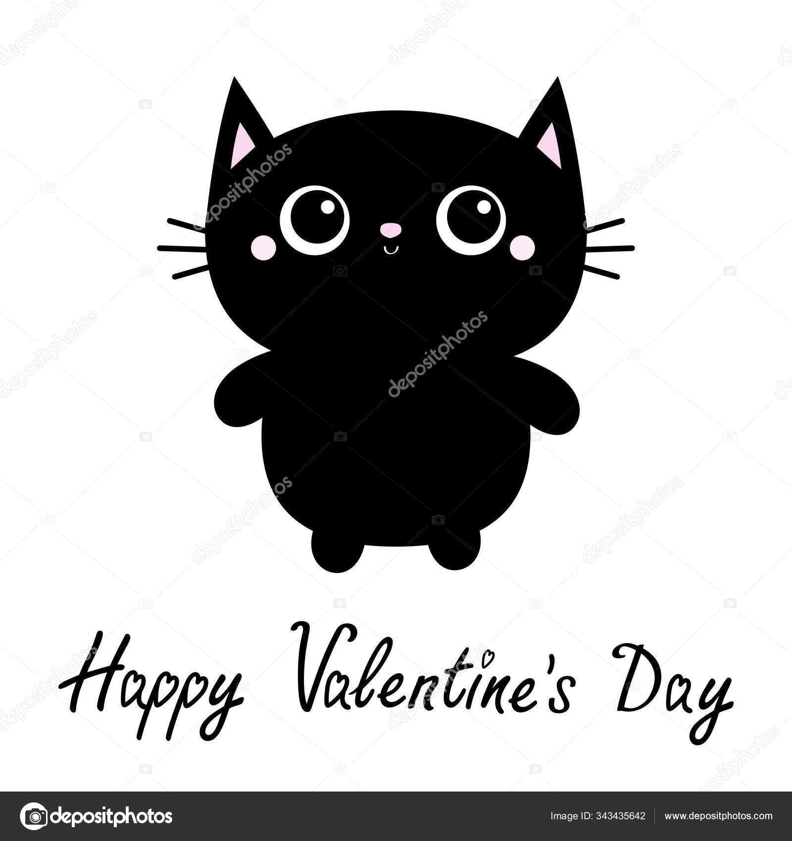 Image vectorielle Joyeuse Saint-Valentin. Icône jouet chat noir. De grands  yeux. Kitty chaton debout. Drôle d'animal Kawaii. Empreinte enfants. Mignon  personnage de dessin animé bébé Pet collection. Design plat Fond blanc par ©, image size:1600x1700