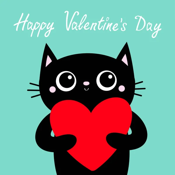 Fijne Valentijnsdag. Zwarte kat met groot rood hart. Leuke stripfiguur. Kitty poesje. Grappig Kawaii dier. Baby kaart. Huisdierenverzameling. Vlak ontwerp. Blauwe achtergrond. — Stockvector