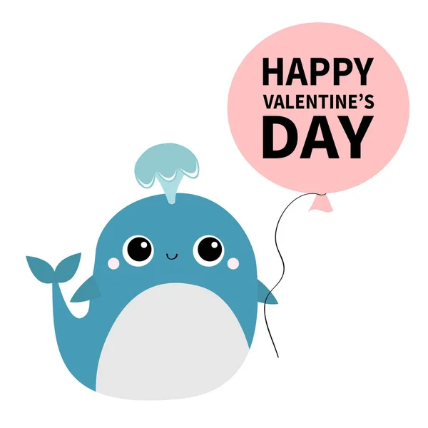 Happy Valentines Day. Blue whale toy icon holding balloon. Water fountain. Sea ocean life. Cute cartoon kawaii funny character. Kids baby animal collection. Flat design White background.