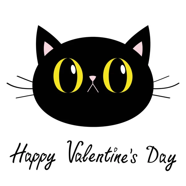 Happy Valentines Day. Black cat round head face icon. Big yellow eyes. Pink nose, ears. Cute funny cartoon character. Kitty Whisker Baby pet collection. White background. Isolated. Flat design. — Stock Vector