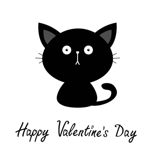 Fekete aranyos ülő macska kiscica sziluett. Boldog Valentin napot! Kawaii állat. Egy rajzfilmfigura. Vicces arc szemekkel, bajusszal. Szerelmi üdvözlőlap. Lapos design fehér háttér. — Stock Vector