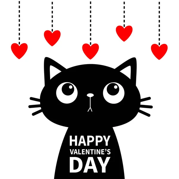 Feliz día de San Valentín. Gato mirando conjunto corazón rojo colgando de hilo. Impresión de la etiqueta engomada de silueta negra. Lindo personaje divertido de dibujos animados. Kawaii mascota bebé animal. Diseño plano. Fondo blanco . — Archivo Imágenes Vectoriales