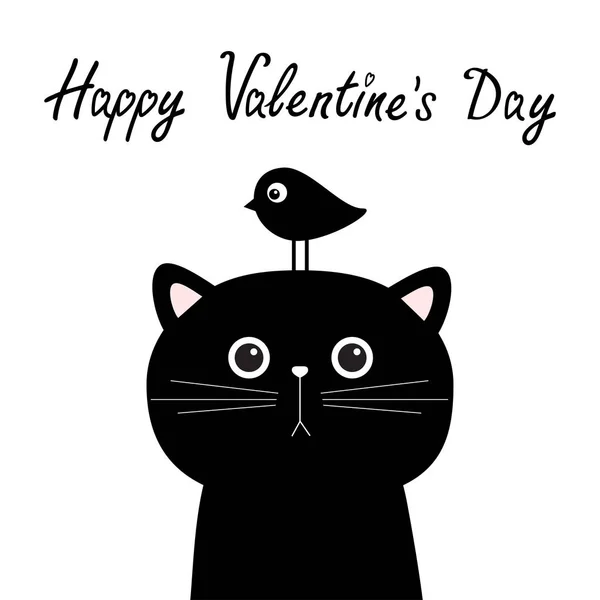 Happy Valentines Day. Black cat face head silhouette and bird. Cute cartoon character. Kawaii animal sticker. Baby card. Sad emotion. Pet collection. Flat design style. White background. Isolated. — Stock Vector