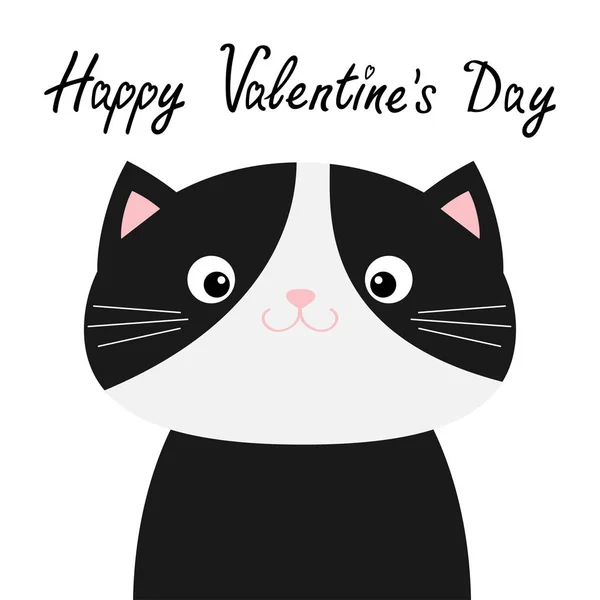 Happy Valentines Day. Black and white cat head face body. Funny Kawaii smiling baby animal. Cute cartoon funny character. Pet collection. Flat design. Kids background. Isolated. — Stock Vector