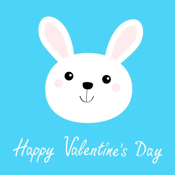Beyaz Tavşan Tavşan Yüzlü Yuvarlak İkon. Sevgililer Günün kutlu olsun. Şirin kawaii çizgi film karakteri. Bebek tebrik kartı. Mavi arka plan. Düz tasarım. — Stok Vektör