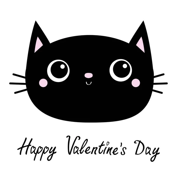 Feliz día de San Valentín. Cabeza de gato negro cara ovalada icono con ojos grandes. Lindo personaje divertido kawaii de dibujos animados. Moustaches. Colección de estampado de bebé mascota. Diseño plano. Fondo blanco. Aislado . — Archivo Imágenes Vectoriales