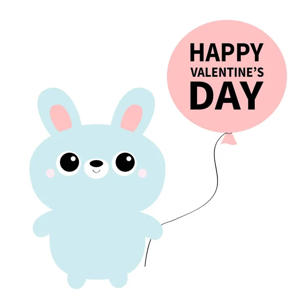 Joyeuse Saint-Valentin. Lapin lapin tenant un ballon. Mignon personnage de dessin animé kawaii. Drôle de tête. Grandes oreilles, yeux. Carte de vœux bébé. Couleur pastel bleue. Fond blanc Design plat . — Image vectorielle