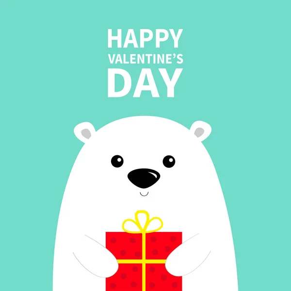 Happy Valentines Day. White polar bear cub face holding gift box present. Arctic animal. Cute cartoon baby character. Flat design. Blue background. — ストックベクタ